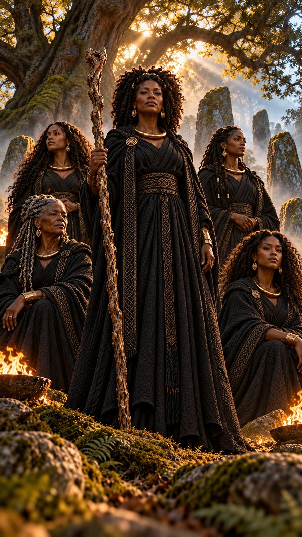 Black women druids in black robes at the standing stones